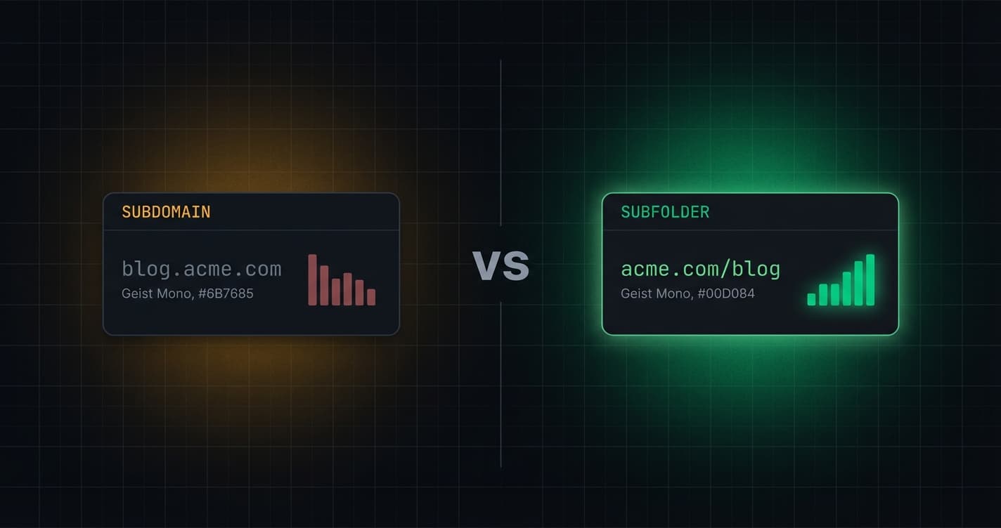 Split editorial composition comparing blog.acme.com subdomain with downward chart against acme.com/blog subfolder with upward green bar chart`